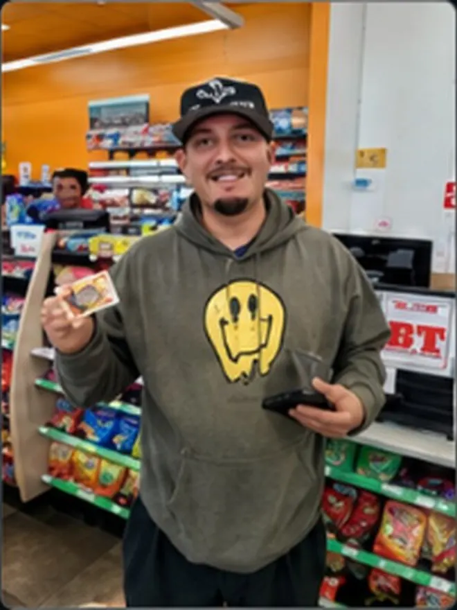 Trucker in a cap holding both his Rewards card and phone in the snack aisle