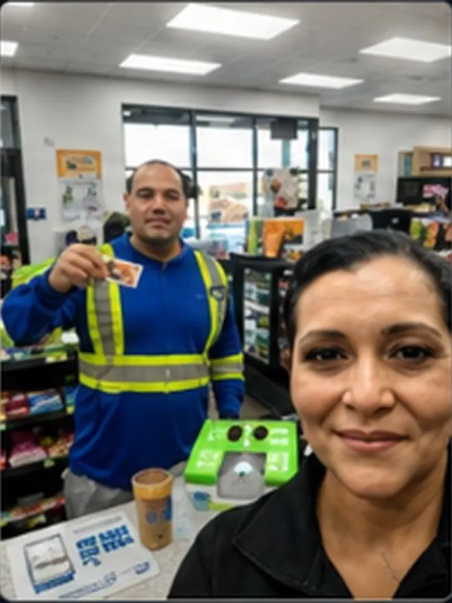 Driver in a hi-vis jacket and a store cashier taking a selfie with a Roadside Oasis Rewards card in Menifee, CA