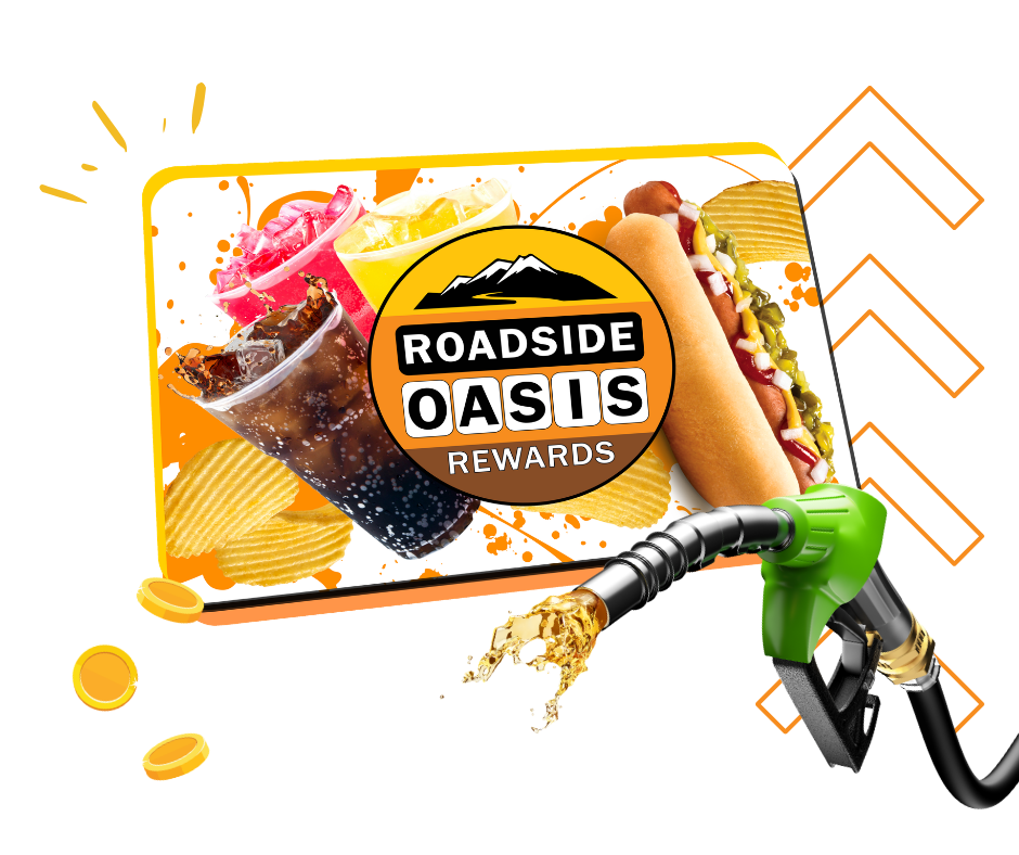 Roadside Oasis Rewards card showing fuel, snacks and drinks