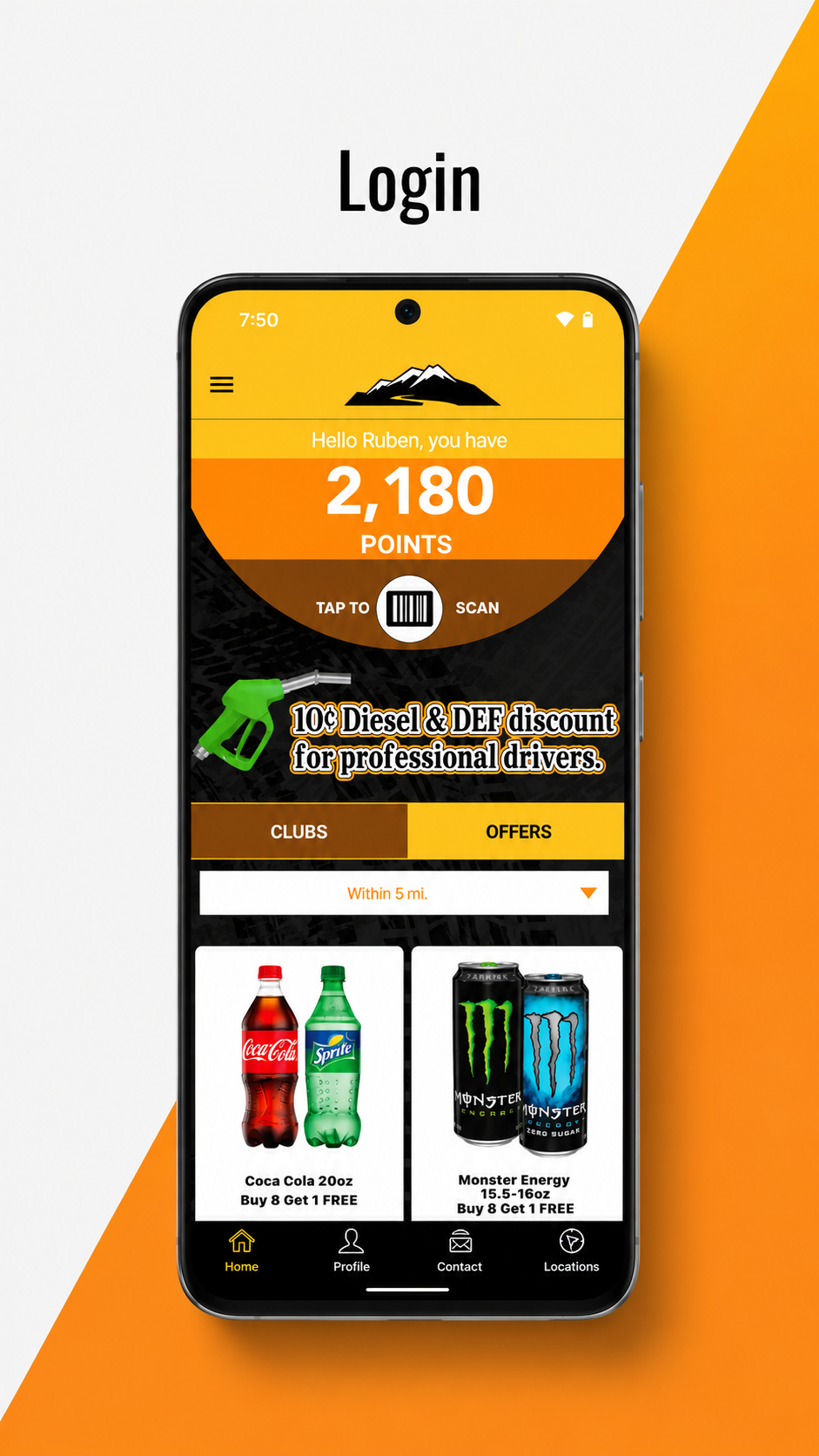 Roadside Oasis Rewards app home screen showing a driver's current point balance