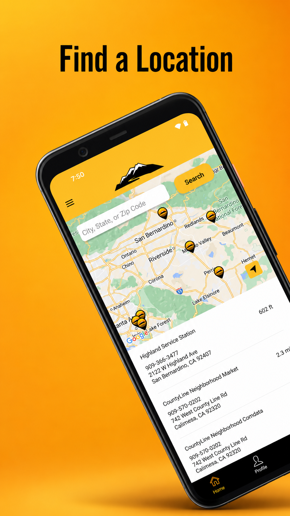 Roadside Oasis Rewards app map screen showing nearby truck stop locations