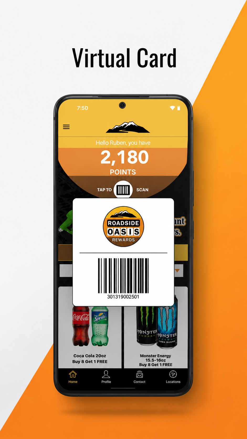 Roadside Oasis Rewards virtual card with a scannable barcode in the app