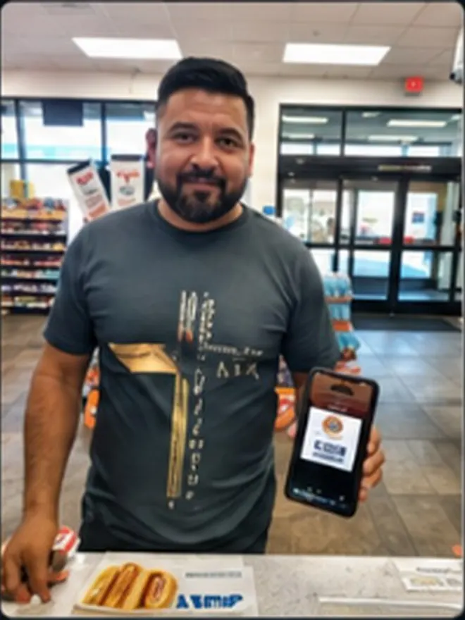 Rewards member holding his points card at the hot food counter, ready to spend points on a snack