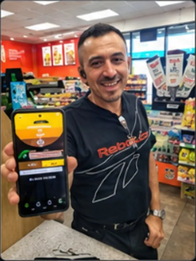 Driver checking his Roadside Oasis points balance in the app on his phone at the counter