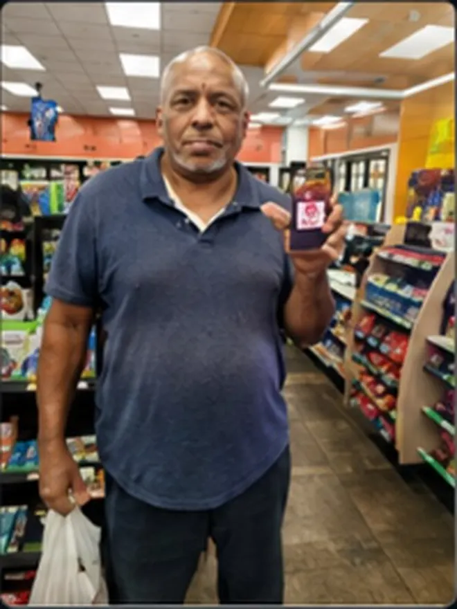 Long-haul driver holding his Roadside Oasis Rewards card while shopping inside the store